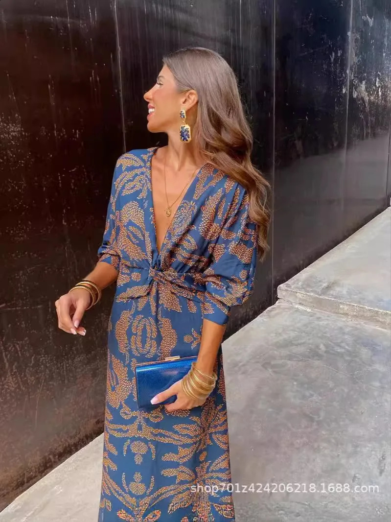 Spring Summer Fashion Printed Dress Women Elegant OL Retro Printed V-neck Long Sleeved Slim Dress Women 240807