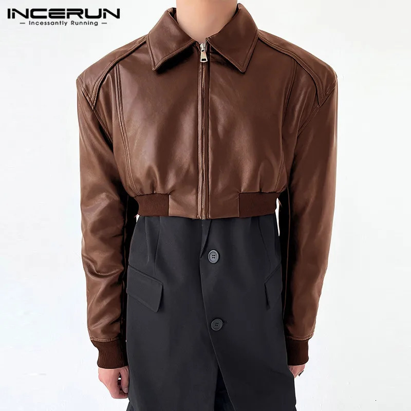 INCERUN Tops 2024 Korean style mens zipper shoulder pad cut jacket casual loose solid long sleeved leather S5XL 240808