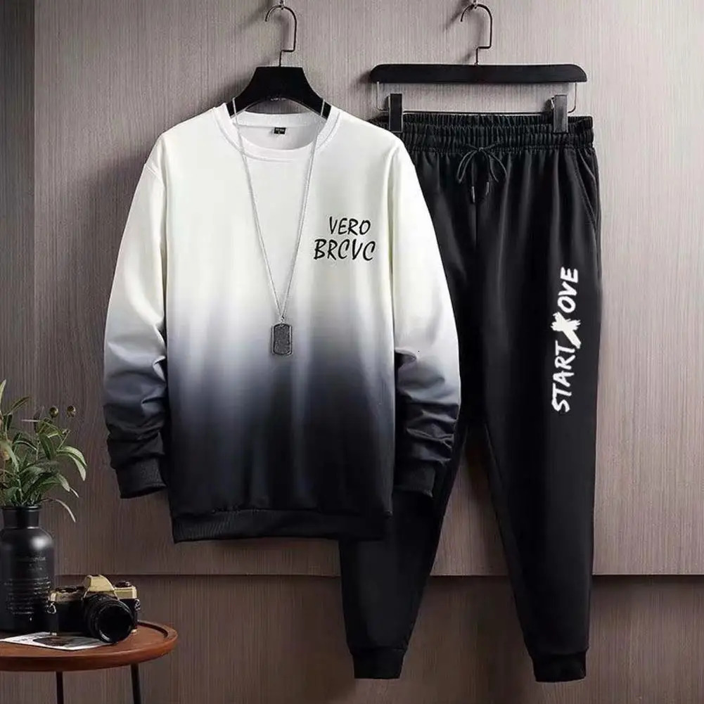 Men Casual Two-piece Suit Mens Gradient Contrast Color Tracksuit Set with Loose Fit Top Elastic Waist Pants for Hip Hop Sports 240813