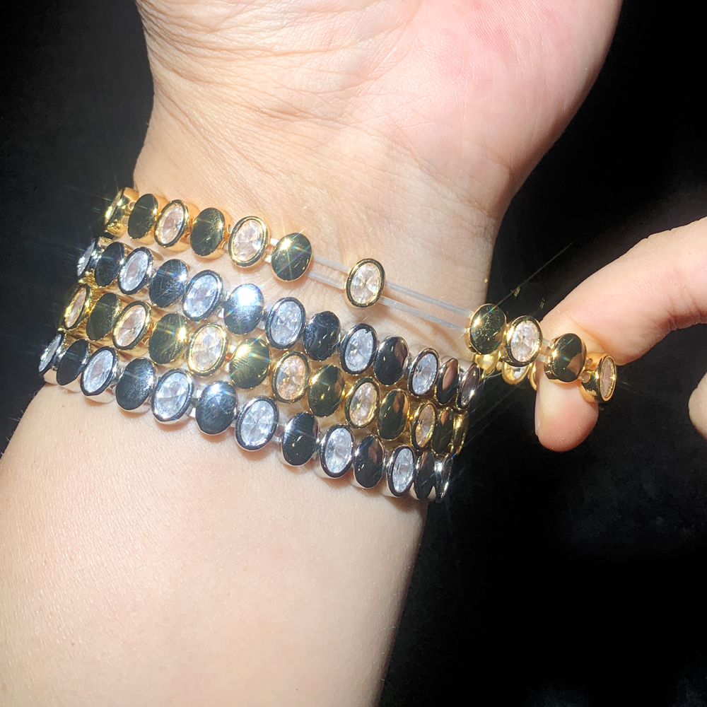 Micro Pave CZ Bezel Oval Shaped Beaded Chain Stretchy Stretch Tennis Bracelet for Women Geometric Classic Luxury Jewelry 2024