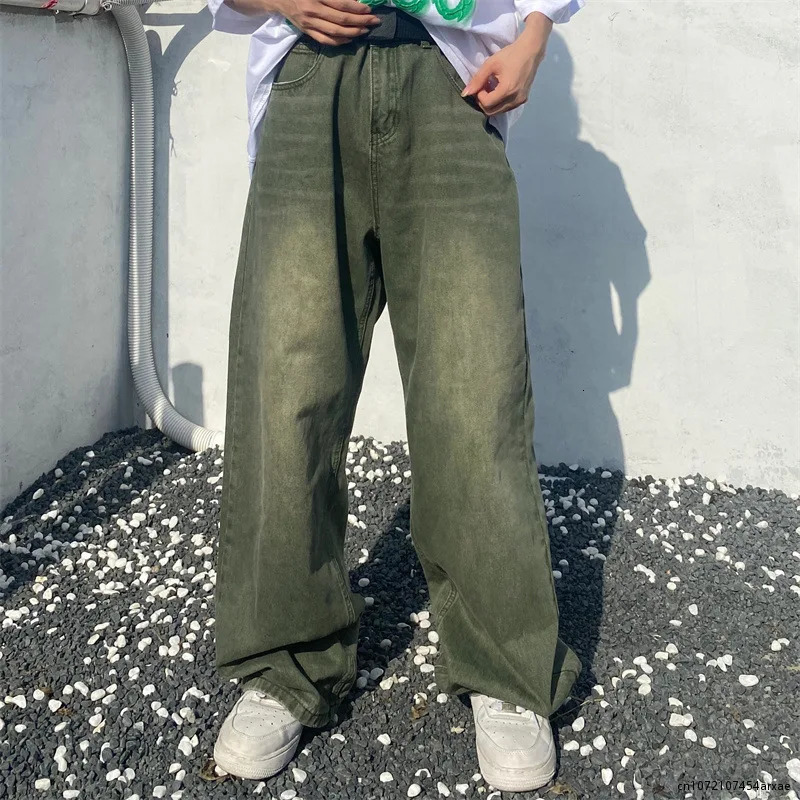 Spring Green Jeans Baggy Distressed Vintage Denim Trousers Male Wide Leg Pants Men Streetwear Retro Oversize Casual Hip Hop 240809
