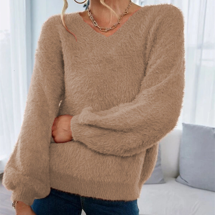 Autumn and winter slim fit pullover for women, elastic solid color, V-neck, slimming effect, imitation mink fur knit sweater 05e60 63d20