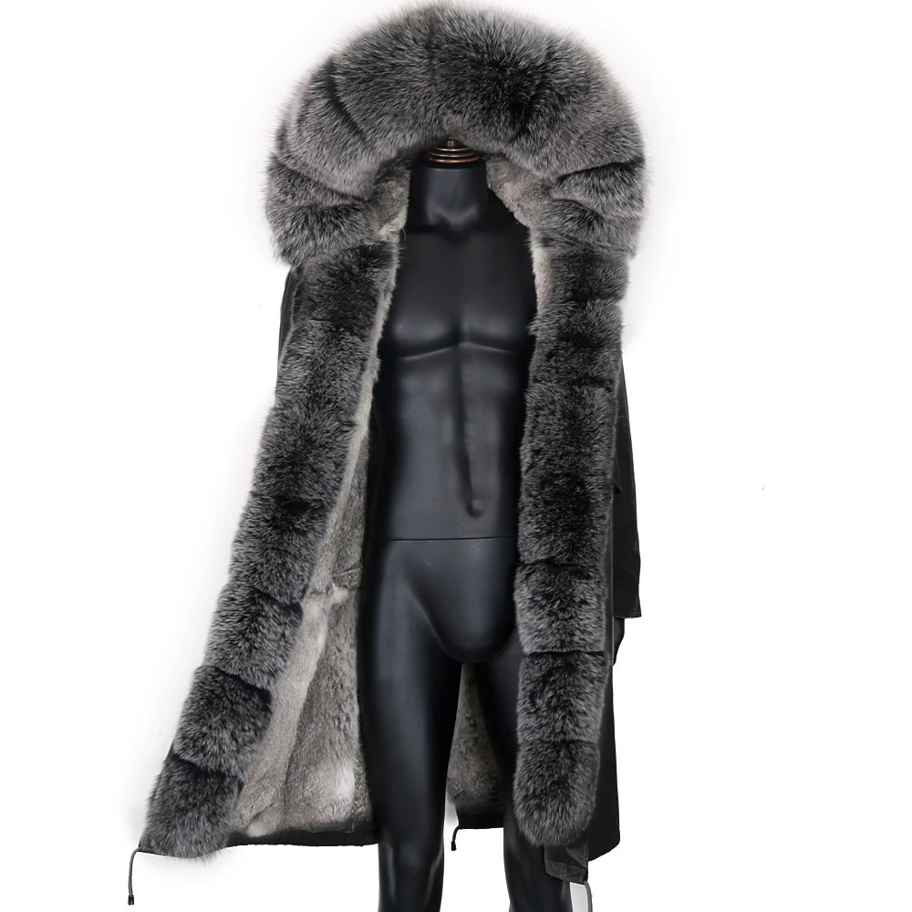 Winter X-Long Gray Natural Real Fox Fur Jacket Coats Men Fashion Real Fur Coat Long Parkas Winter Black Parka Removable 240809