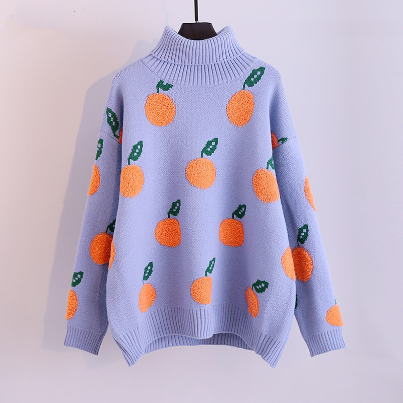 2022 autumn and winter new casual loose orange pattern high neck long sleeved knitted pullover sweater for women dongdumaoyi