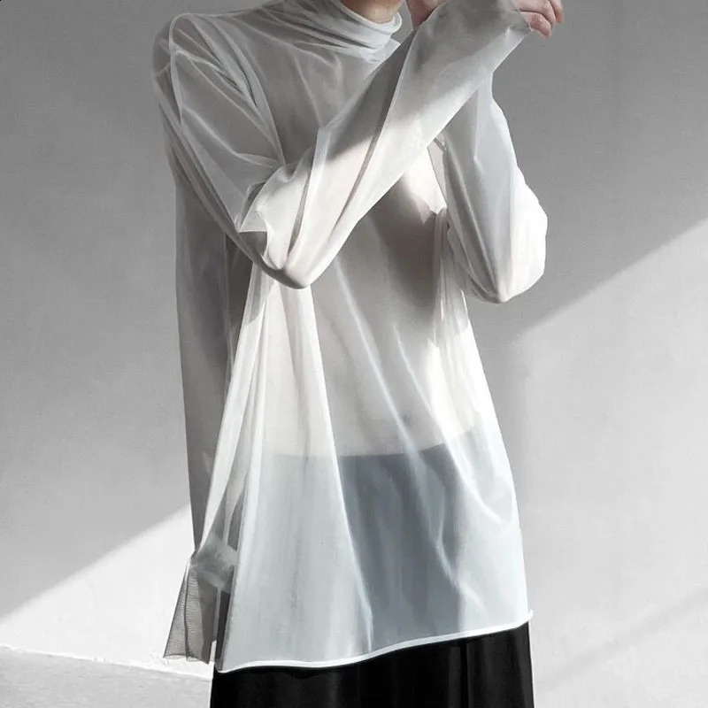 Man Summer Fashion Long Sleeve Net Yarn Tops Turtleneck All-match Solid Color Sunscreen Clothing T-shirt 240809