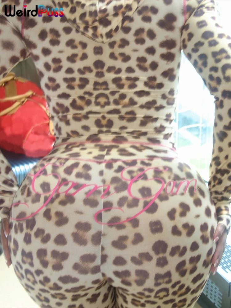 Weird Puss Leopard Letter Print 2 Piece Set Women Tracksuit Sporty Casual Hooded Crop JacketFlare Pants Stretch Matching Suits 240809
