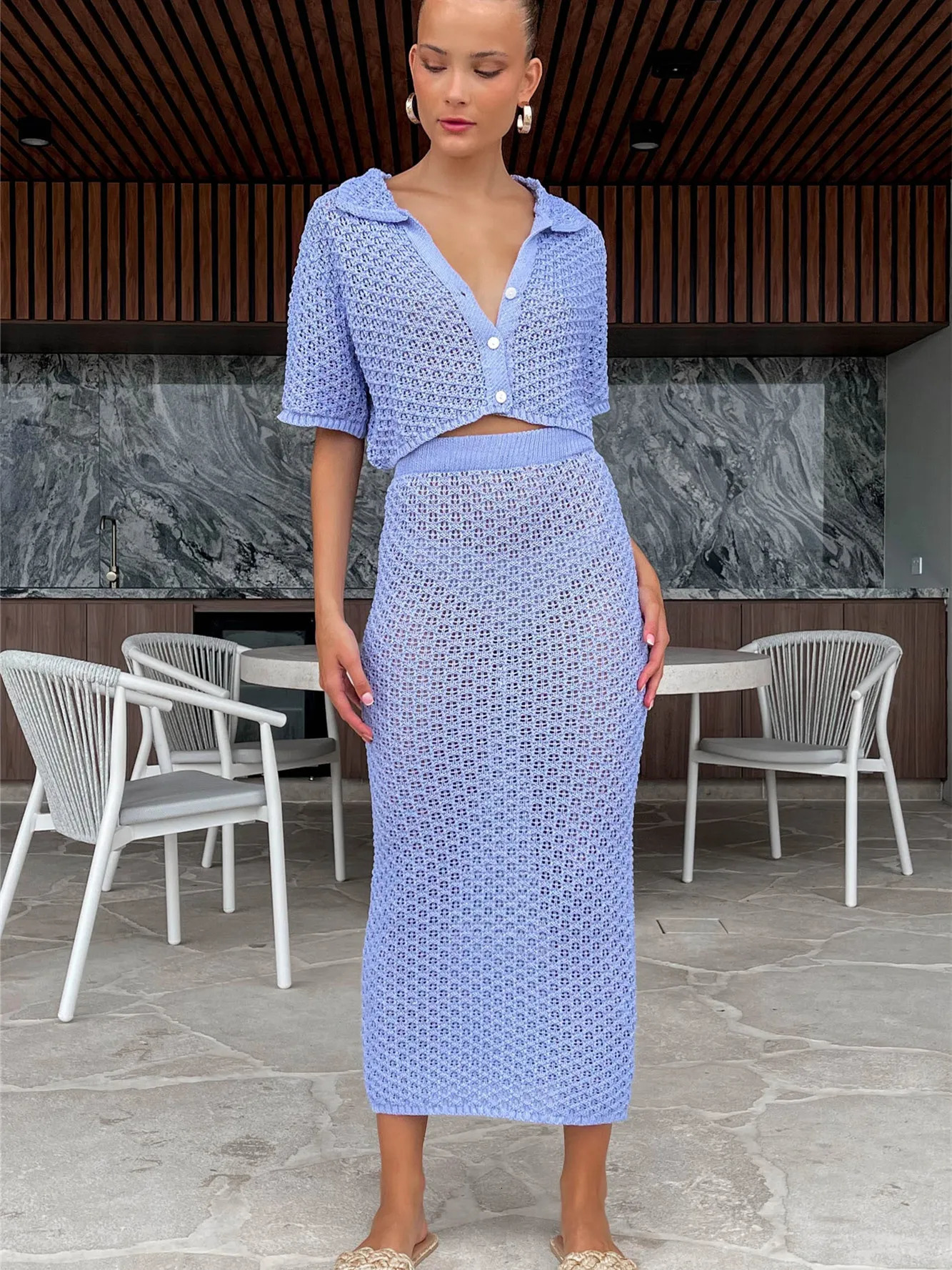 Women Crochet Knitted Skirts Set Hollow Out Lace up Swimsuit Cover Ups 2Pcs Knitted Outfits Set Swim Beachwear 240809