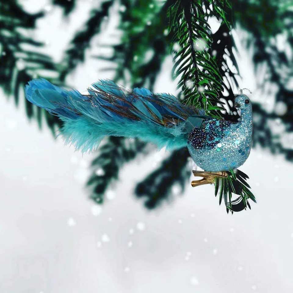 Simulated Blue Pea Natural Feather Glittery 27*8*9cm Metal Clip For Christmas Tree Decorations Home Party Kids Decor Gifts Y240808