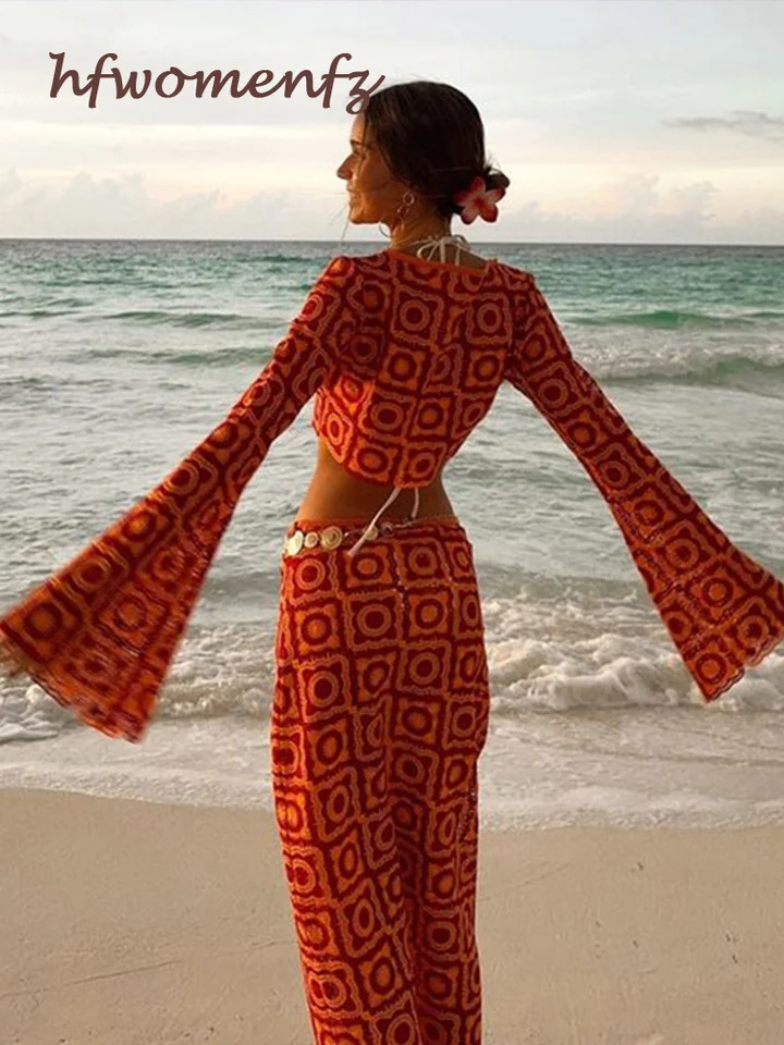 Hook and Knitted Hollow Outer Short Dress Long Sleeve ONeck Cut Top Waist 2 Pos Summer Womens Beach Wear 240808