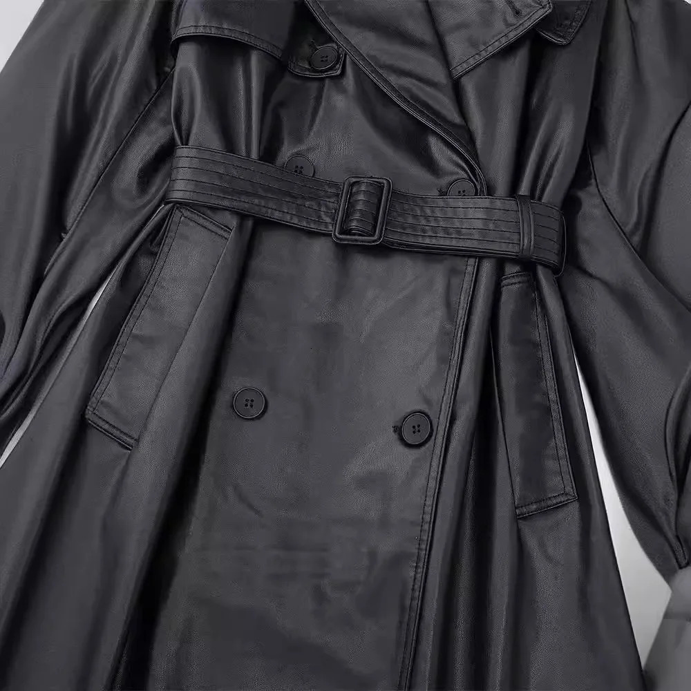 Autumn and Winter Long Oversized Black Pu Leather Trench Coat for Women Belt Double Breasted Loose Casual Korean Fashion 240809