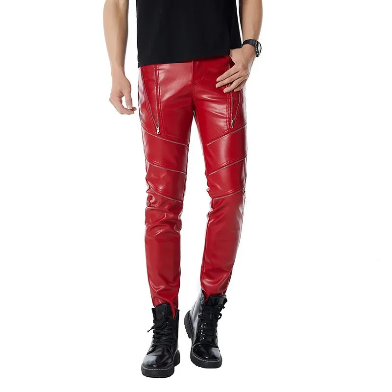 Mens red personal casual zipper PU stitched leather pants 240808