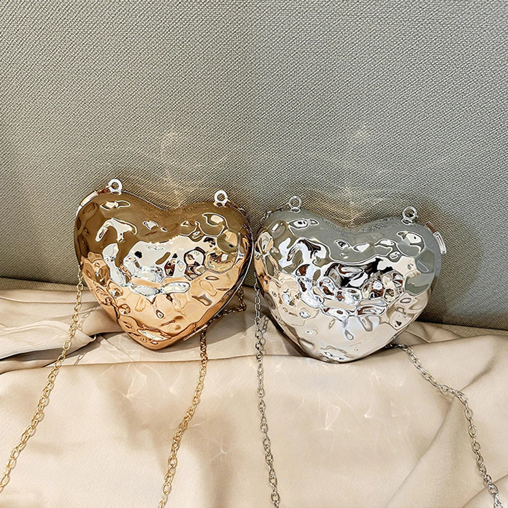 Fashionable heartshaped womens lipstick bag geometric gold evening party wallet chain cross body acrylic handbag mini metal box 240809