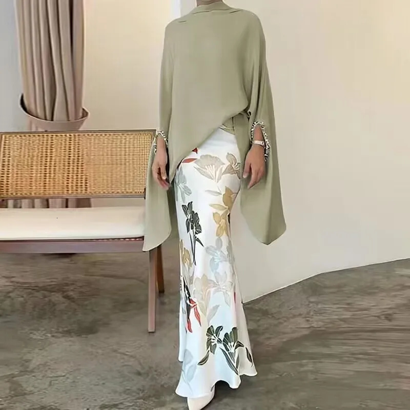 High Fashion Commuting Satin Set Elegant Batwing Sleeve Tops Blouse Slim Long Skirt Outfits Women Casual Loose Two Piece Suits 240809