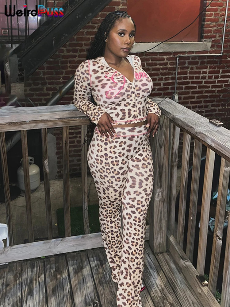 Weird Puss Leopard Letter Print 2 Piece Set Women Tracksuit Sporty Casual Hooded Crop JacketFlare Pants Stretch Matching Suits 240809