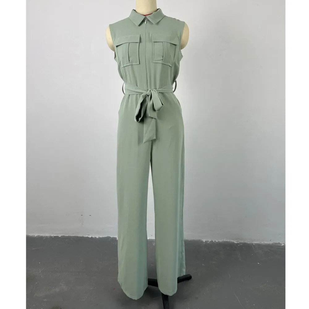 Spring Summer Sleeveless Wide Leg Jumpsuit Women Turndown Neck Pocket Front Zipper Fly Street One Piece Suit Playsuits