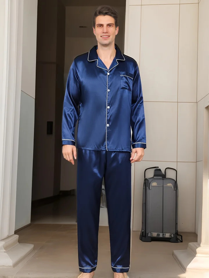 Solid Color Silk Pajamas For Men Long Sleeves Pijama Big size Lounge Male Home Night Wear Suit Satin Pyjama Mens Pajama Sets 240808
