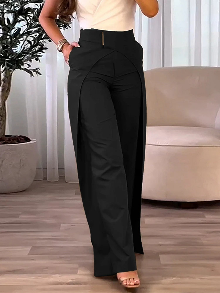 Womens Pants Fashion Womens Casual Bottom High Waist Overlap Asymmetrical Wide Leg Pants Elegant Solid Female Trouser 240809