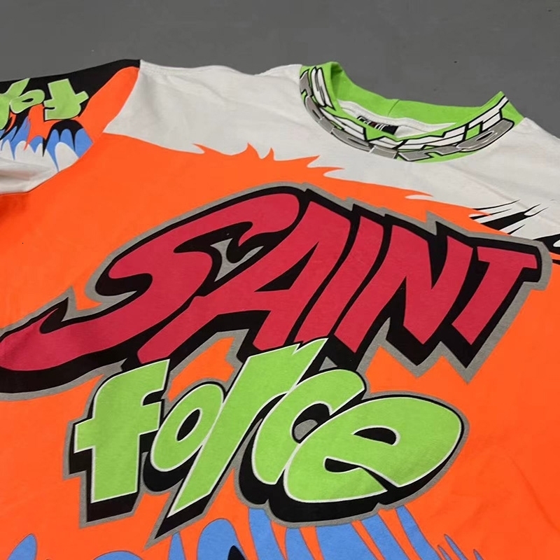 Hip Hop Retro Racing Style Graffiti Color Blocking Saint Michel Tshirt Mens Highquality Oversized 24
