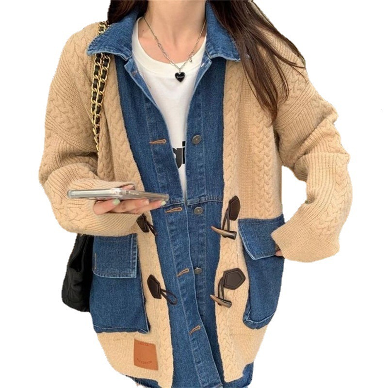 New Spliced Denim Oversized Loose Fake Two-piece Sweater Cardigan for Women Autumn and Winter Lazy Style Knitted Sweater Jacket