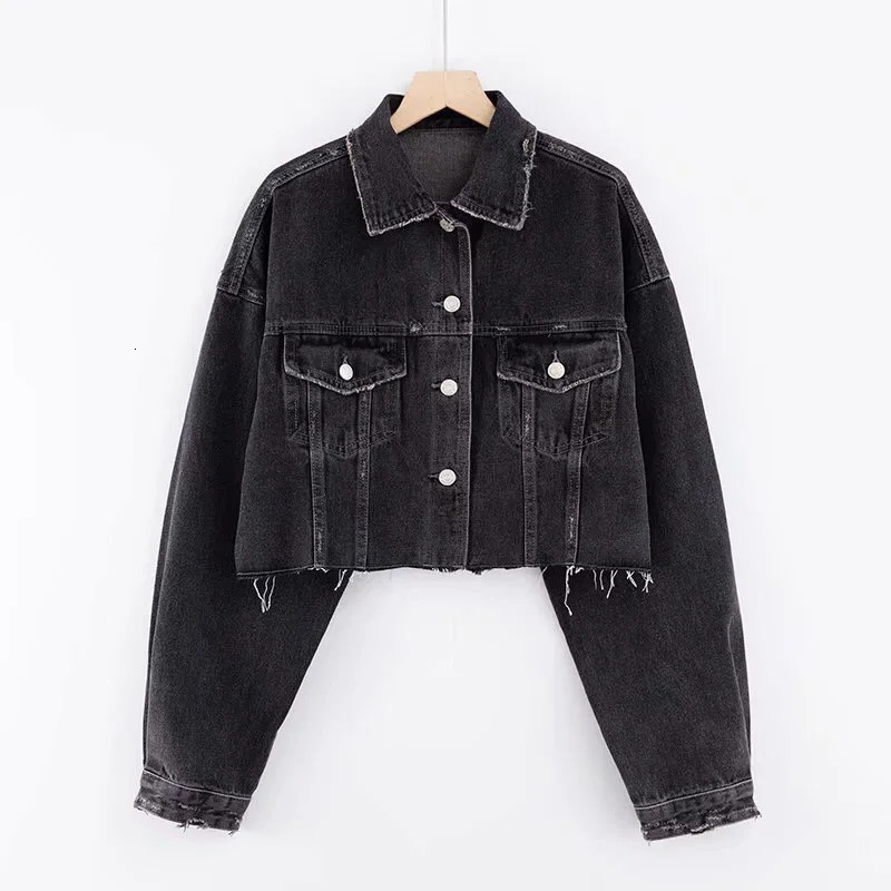 Autumn Drop Shoulder Loose Short Denim Jacket Vintage Women Lapel Pockets Single Breasted Draped Jean Coat Cool Outerwear 240809
