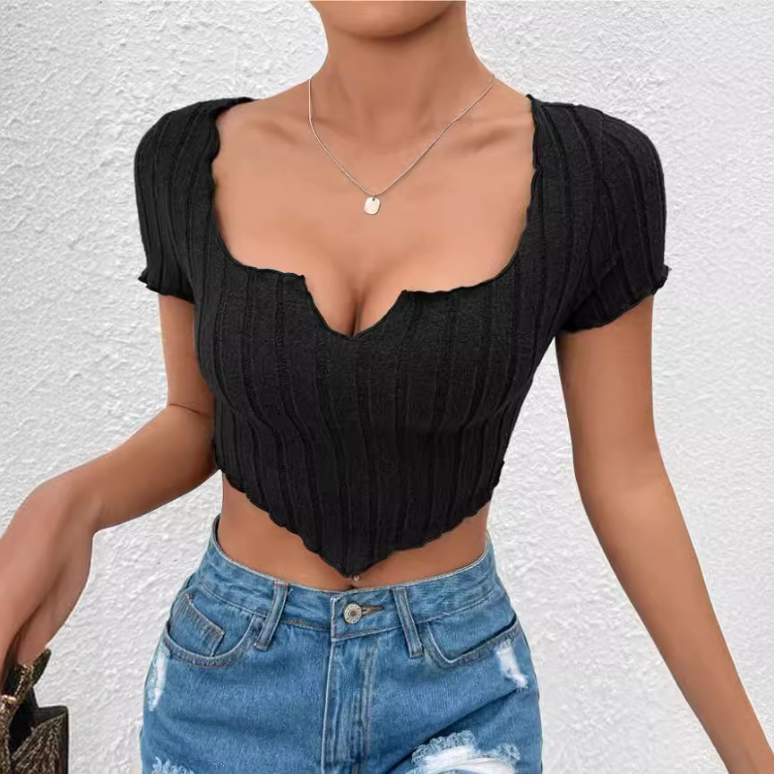 Summer U-shaped Notch Collar Solid Color Top Slim and Short Sleeved T-shirt