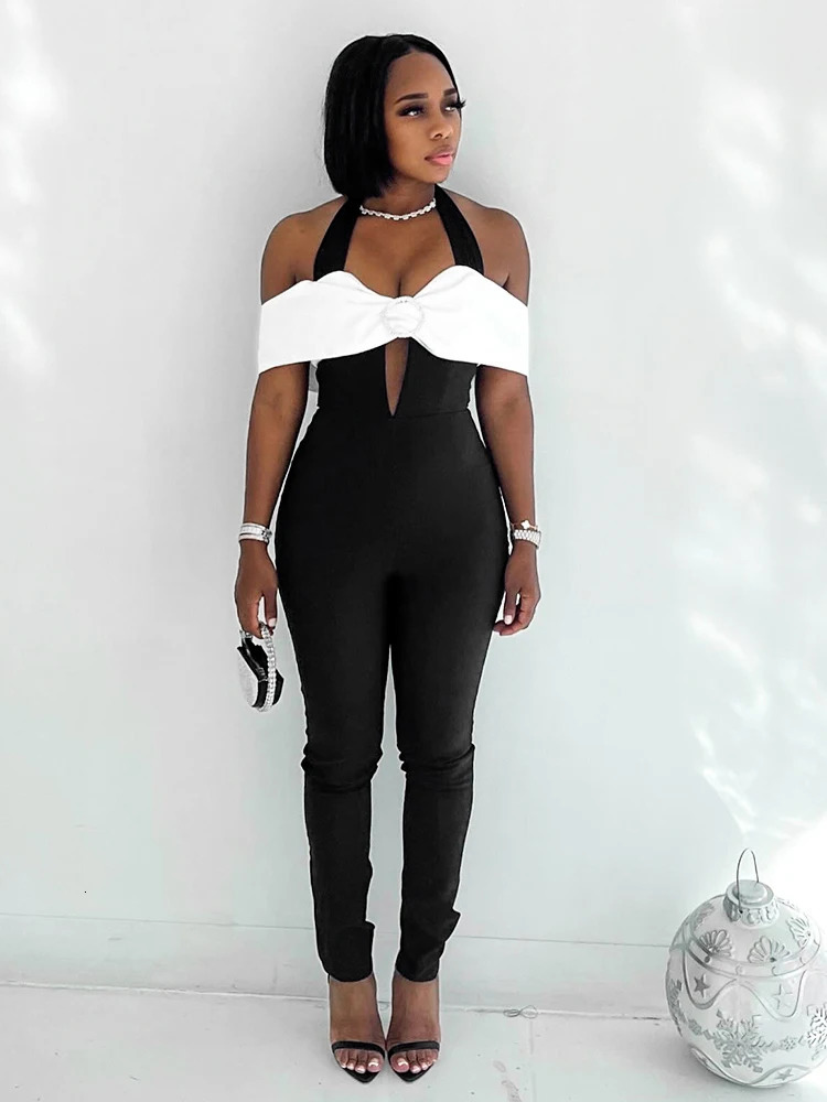 Weird Puss Halter Jumpsuit Women Patchwork Sleeveless Slash Neck Hollow Fitness Activity Elegant Party Clubwear Workout Overalls 240808