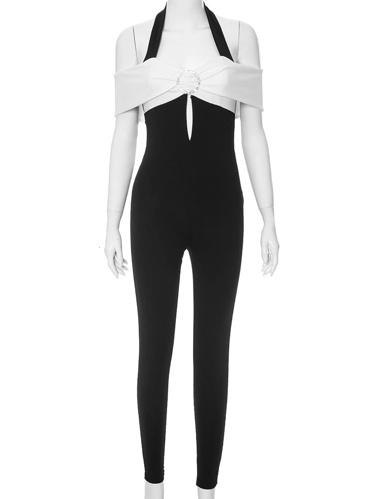 Weird Puss Halter Jumpsuit Women Patchwork Sleeveless Slash Neck Hollow Fitness Activity Elegant Party Clubwear Workout Overalls 240808