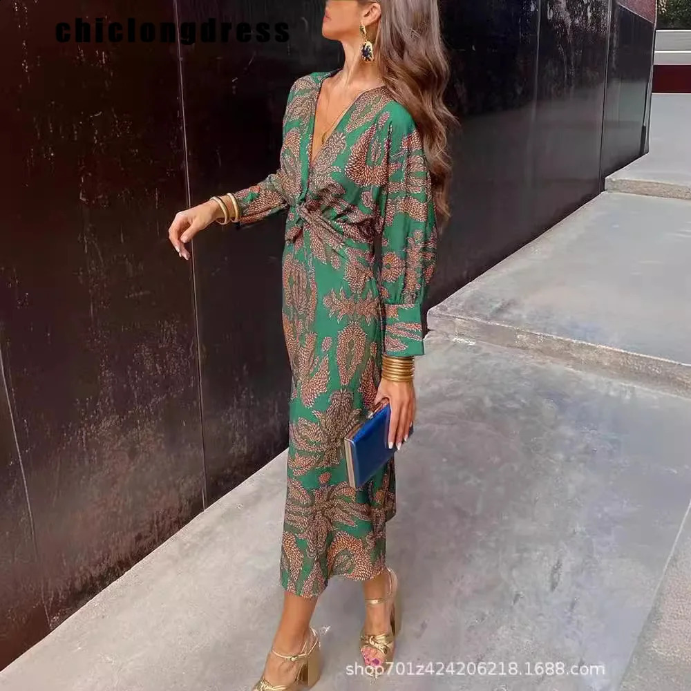 Spring Summer Fashion Printed Dress Women Elegant OL Retro Printed V-neck Long Sleeved Slim Dress Women 240807