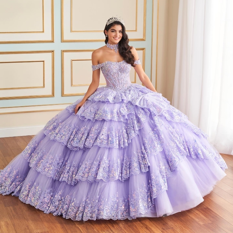 Lavender Princess Quinceanera Ball Gown Classic Off The Shoulder Applique Lace Beads Tull Tiered Sweet 16 Dress Vestido 15 De