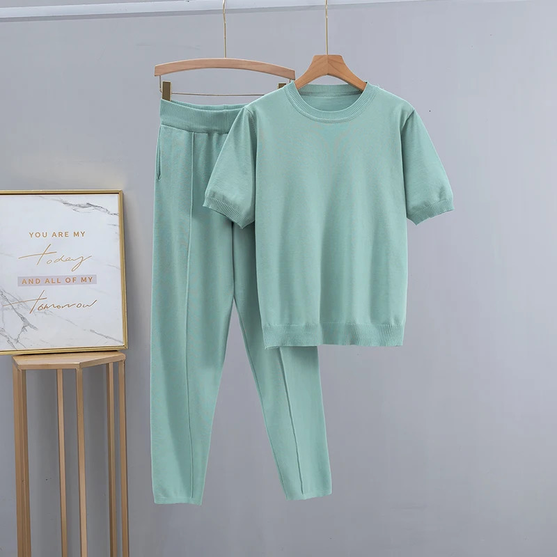 GIGOGOU Spring Summer Women pant Tracksuits Fashion Knitted OverSized T shirt Set Ladies Casual Two piece T-shirt Pant Suits 240813