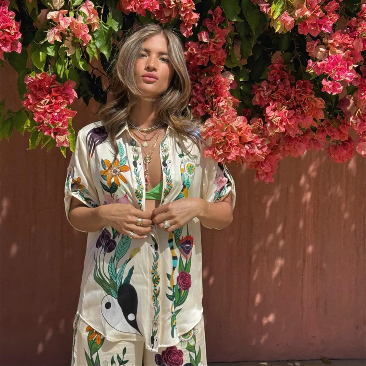 Causal Satin Printed Pants 2 Piece Sets For Women Fashion Lapel Single Breasted Long Sleeved Shirts Suits Lady Vacation Outifts 240809