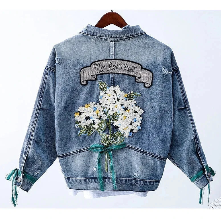 Denim jacket women embroidery flower appliques letters jeans jacket women outerwear coat loose OVERSIZED causal clothing NZ13 240808