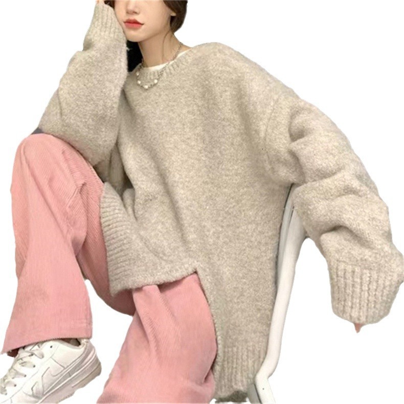 autumn winter new lazy style round neck slit knitted loose and versatile outerwear sweater women's clothing dongdumaoyi