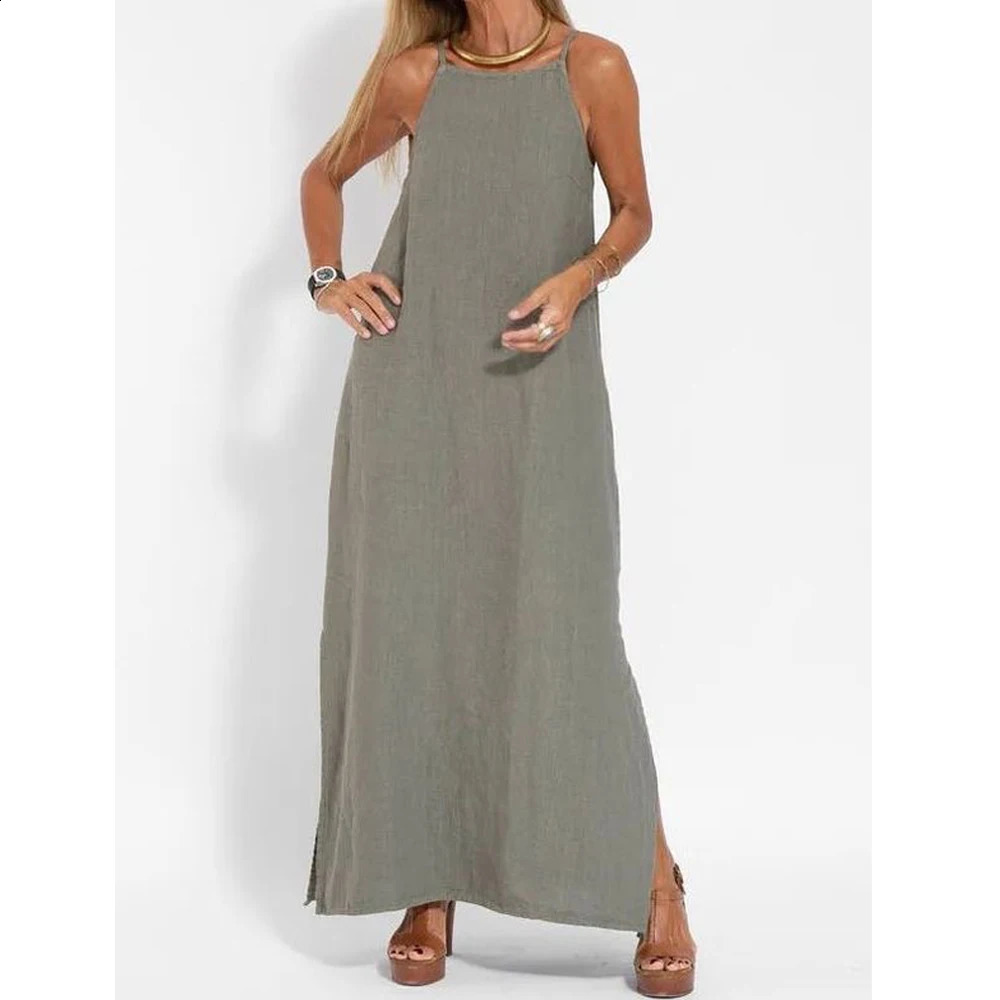 Women Cotton Linen Side Split Long Slip Dress Summer Lady Strapless Solid Color Holiday Party Dresses Fyy10080 Y24