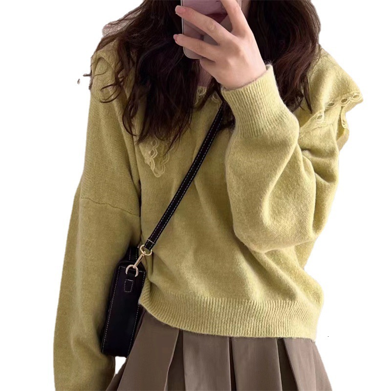 Sweet Baby Neck Soft Waxy Sweater Womens Outwear Autumn and Winter New Relaxed Lazy Style Solid Color Pullover Shirt Top