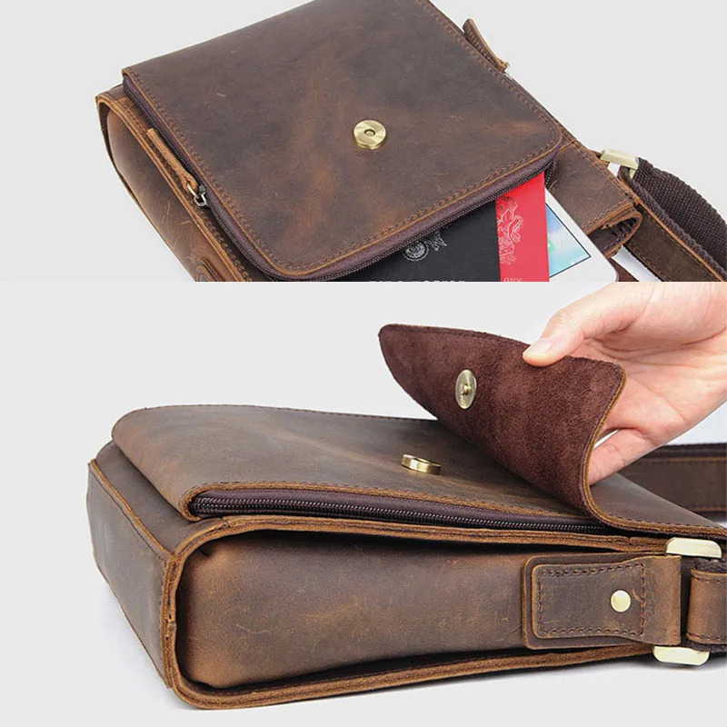 Retro flip crazy horse leather messenger bag mens genuine cross body highquality travel handbag mobile phone 240808