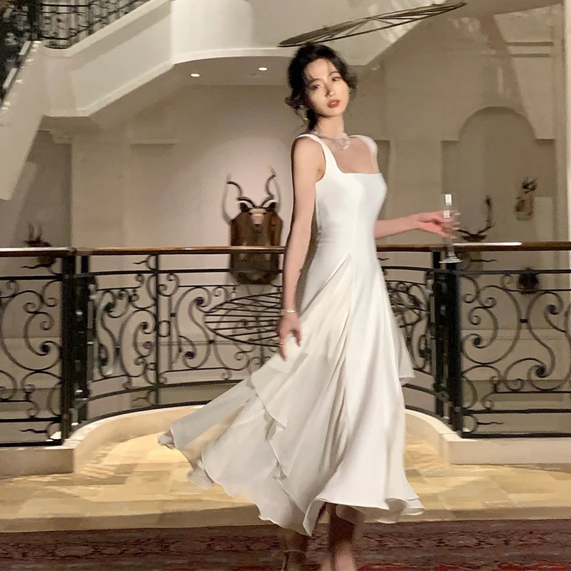 French Elegant Ruffles White Midi Dresses Summer Evening Party Women Clothes Fashion Sundress Birthday Ladies Dresses 240809
