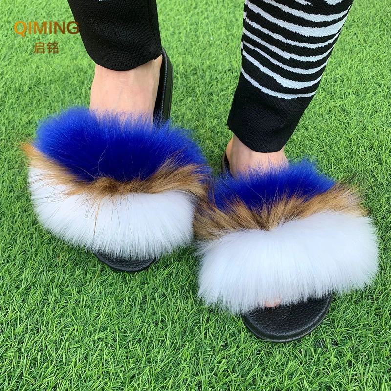 fox Fur Slides For Women Plush Slippers Fluffy Slides Raccoon Fuzzy Furry Faux Fur Slippers Summer Flat Shoes Woman Sandals 240809