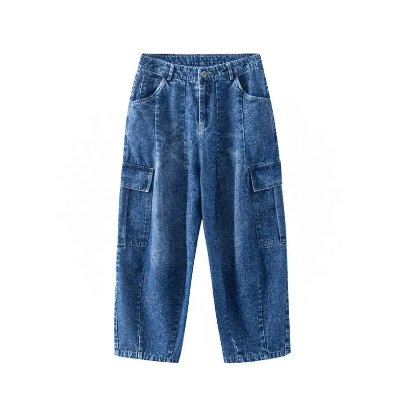Y2k loose Japanese retro workwear jeans with trendy and personalized large pocket for men and women hip-hop casual pants 240809