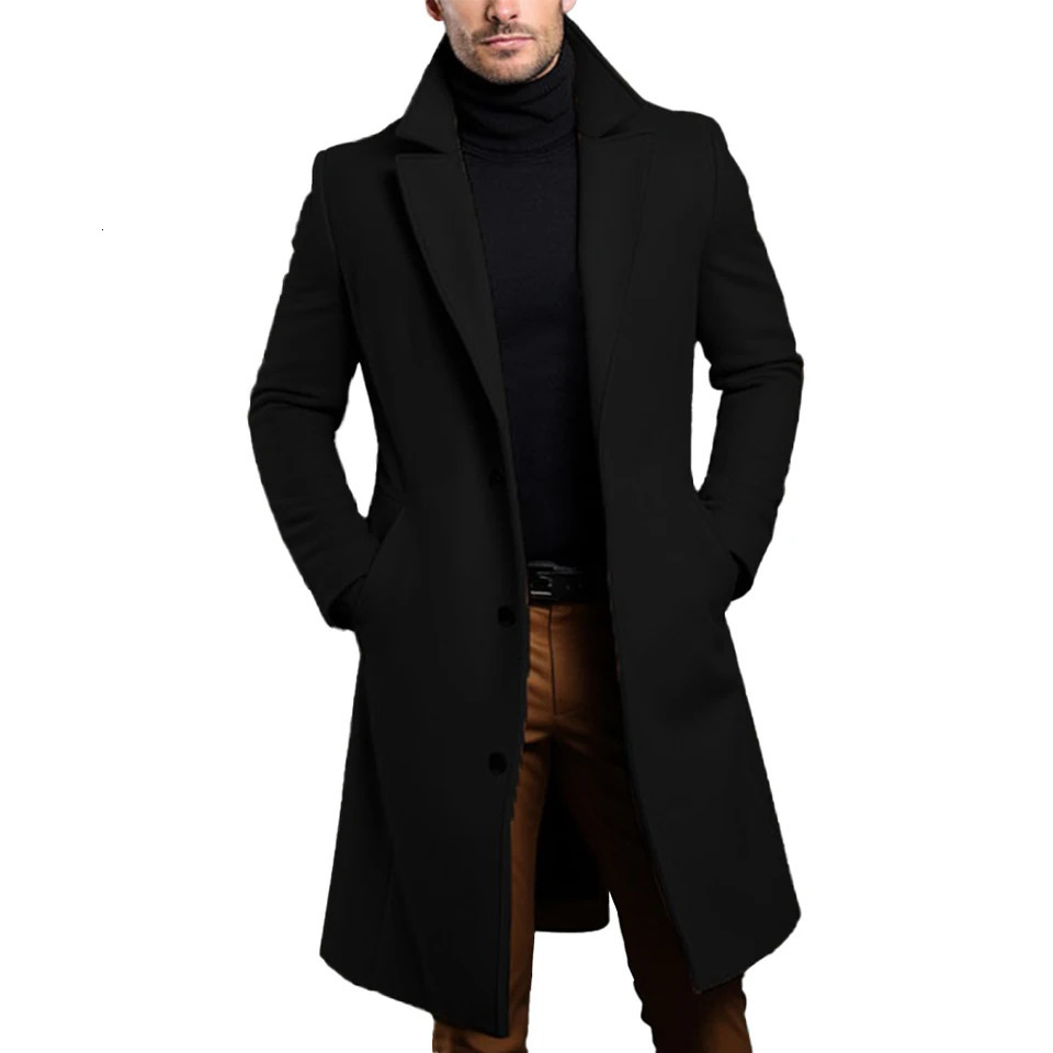 Atutuumn Winter Long Warm Wool Mens Trench Coat Solid Color Single breasted y Blended 240827 - view 4
