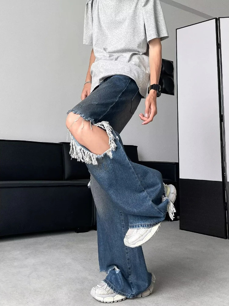 HOUZHOU Hip Hop Ripped Baggy Jeans Men High Street Male Distressed Denim Wide Leg Pants Casual Trousers Vintage Streetwear Loose 240821