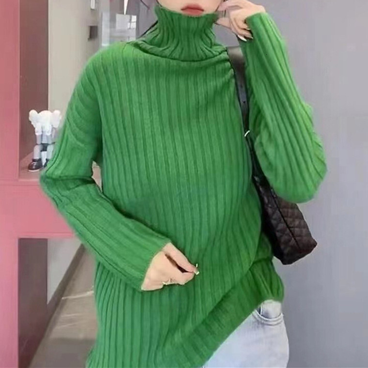 Solid color outerwear, high neck knitted sweater for women's autumn and winter new loose long sleeved base top dongdumaoyi