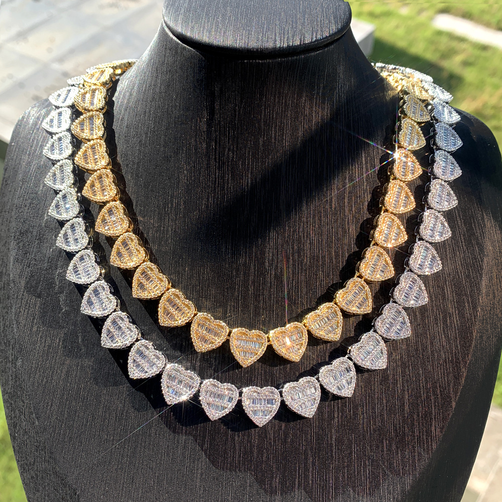 Hip Hop Heart Shape T Zircon Tennis Chain Necklace 18K Real Gold Plated Engagement Jewelry for Lover Men Women Couple