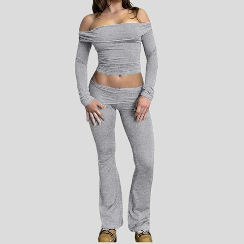 Cuteandpsycho Slash Neck Top and Casual Pants Sets Womens Two Pieces Of Outfits Streetwear Solid Fashion Y2K Basic Slim Clothes 240808