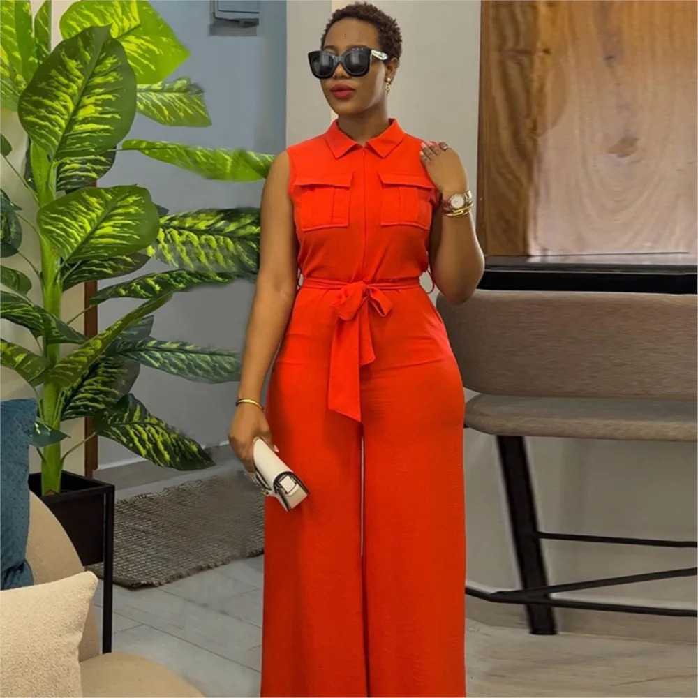Spring Summer Sleeveless Wide Leg Jumpsuit Women Turndown Neck Pocket Front Zipper Fly Street One Piece Suit Playsuits