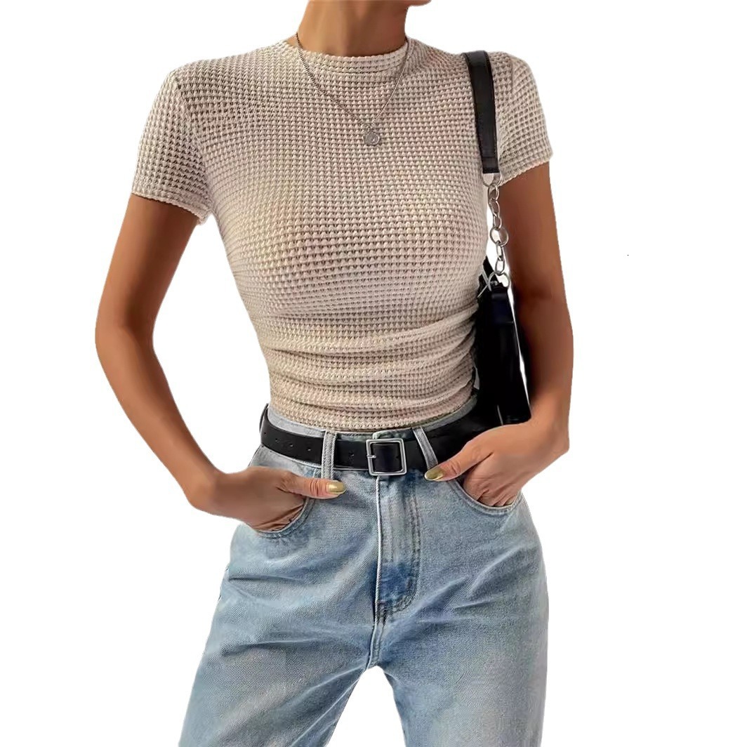 Spring and Summer New Product Slim Fit Versatile Pleated Round Neck Knitted Short Sleeved T-shirt