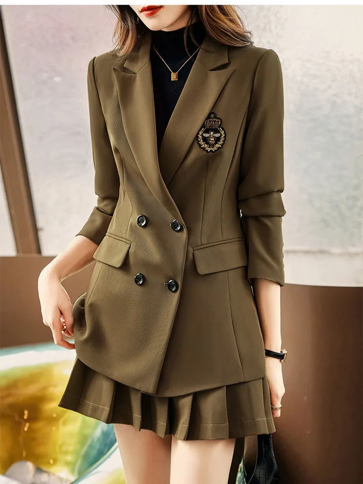 Harajuku Loose Suit Pleated Skirt Two-Piece Set Spring Autumn Jacket BlazerMini A-Line Skirts Loose 2 Piece Suit 240815