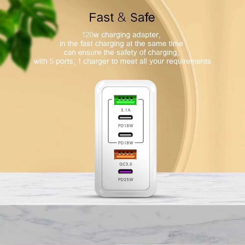 120w Charger 5 Port USB + PD Fast Charging Mobile Travel Adapter For iPhone Huawei Redmi Oneplus Samsung Realme CellphoneM240809
