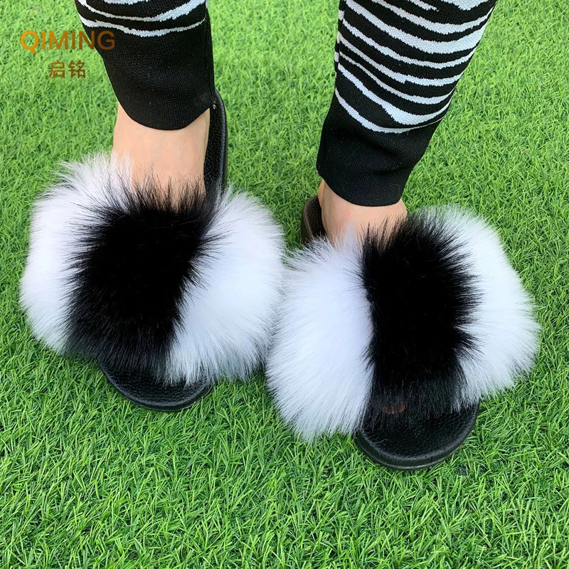 fox Fur Slides For Women Plush Slippers Fluffy Slides Raccoon Fuzzy Furry Faux Fur Slippers Summer Flat Shoes Woman Sandals 240809