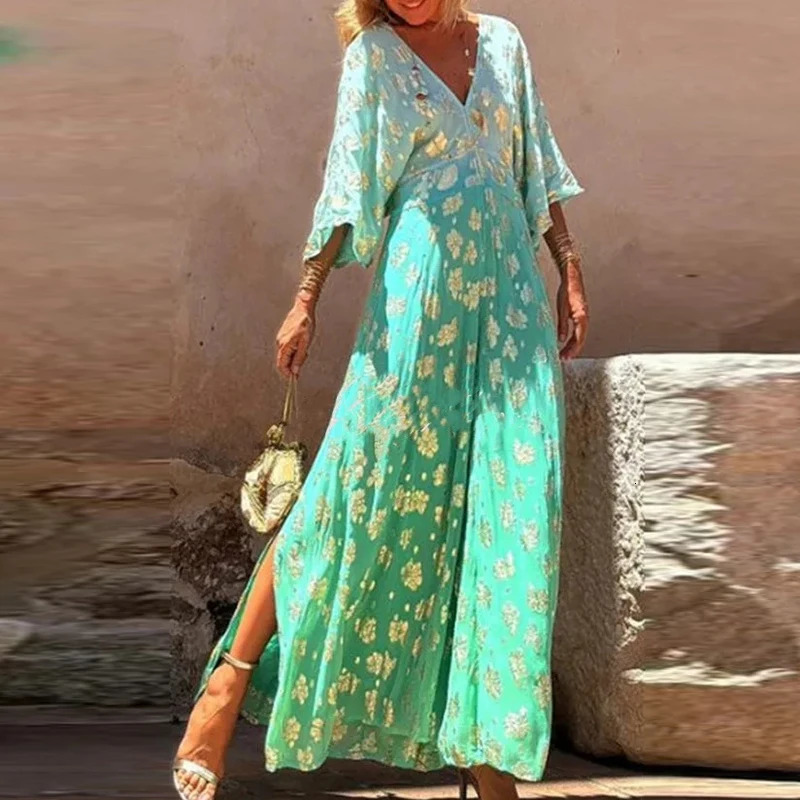 Casual Printed Patchwork Long Pants Jumpsuit Summer Lady V Neck Half Sleeved Loose Playsuit Fashion High Waist Boho Romper 240808